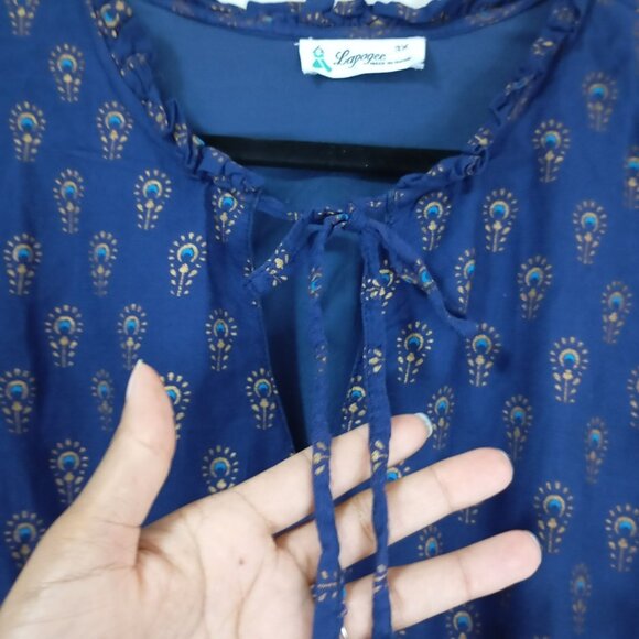 Lapogee Midi Dress Womens Boho 3X Blue Gold Teal Print Elastic Waist Tie Neck - Picture 5 of 11